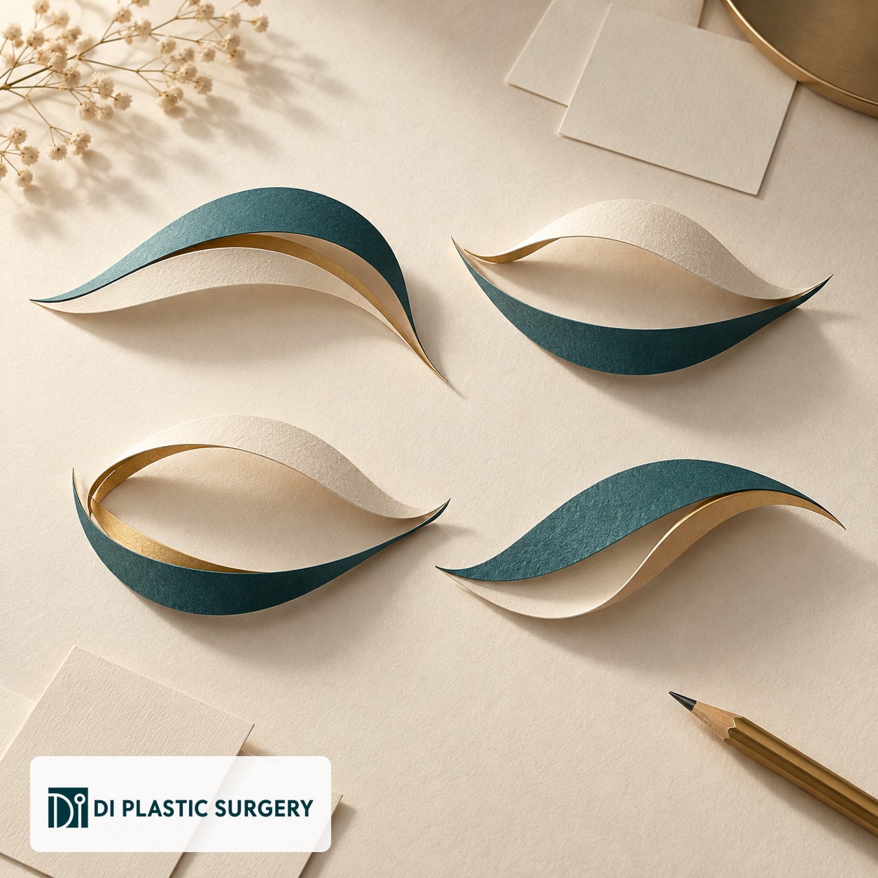 Abstract AI-generated curved-paper forms suggesting design questions, with DI logo