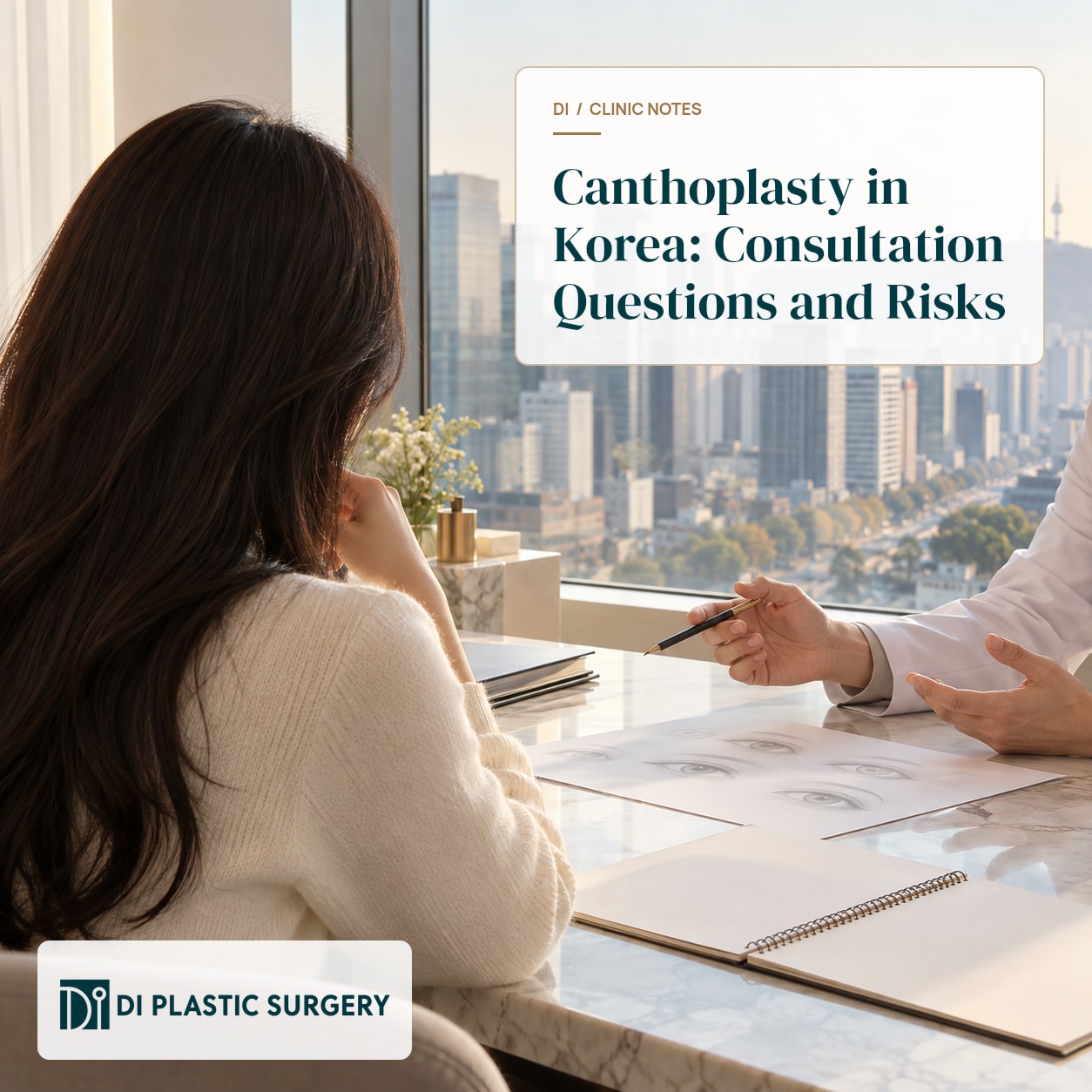 AI-generated consultation-planning scene with the title Canthoplasty in Korea: Consultation Questions and Risks and the DI logo