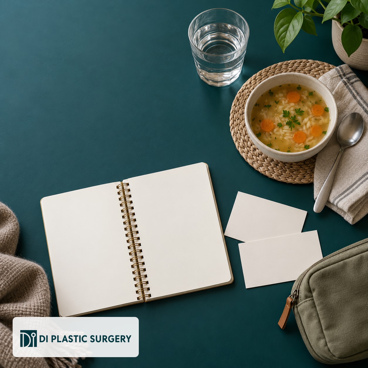 AI-generated blank appointment notebook, instruction cards, soup and water in a travel-planning still-life