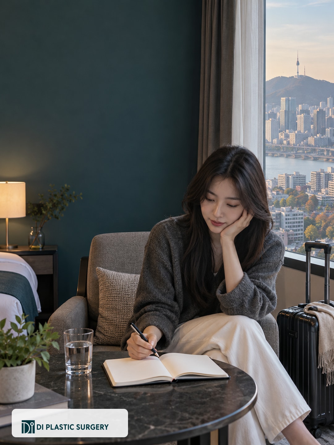 AI-generated fictional traveler with luggage and a notebook in a room overlooking an illustrative Seoul cityscape