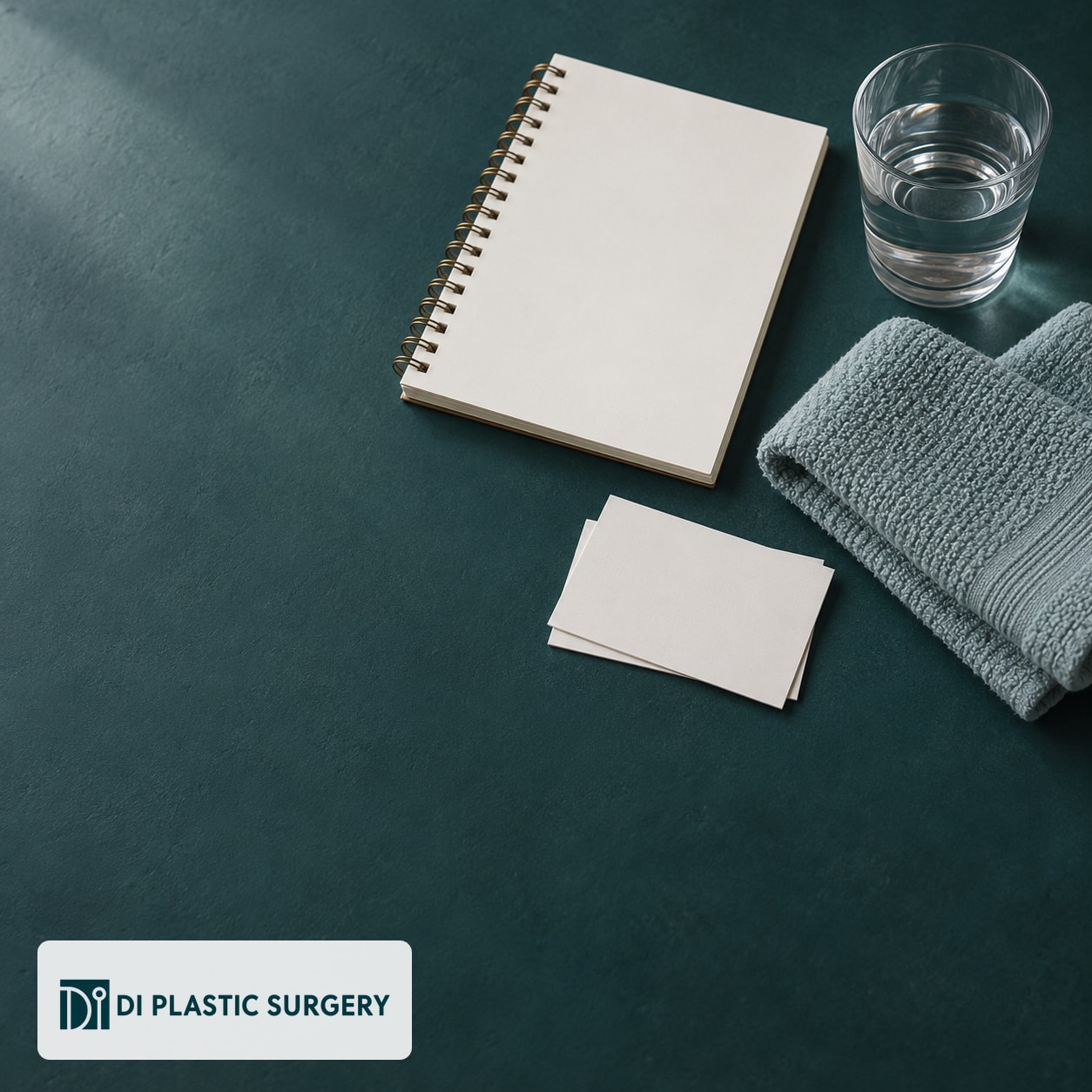 AI-generated blank notebook and appointment cards with water and a folded towel for consultation planning