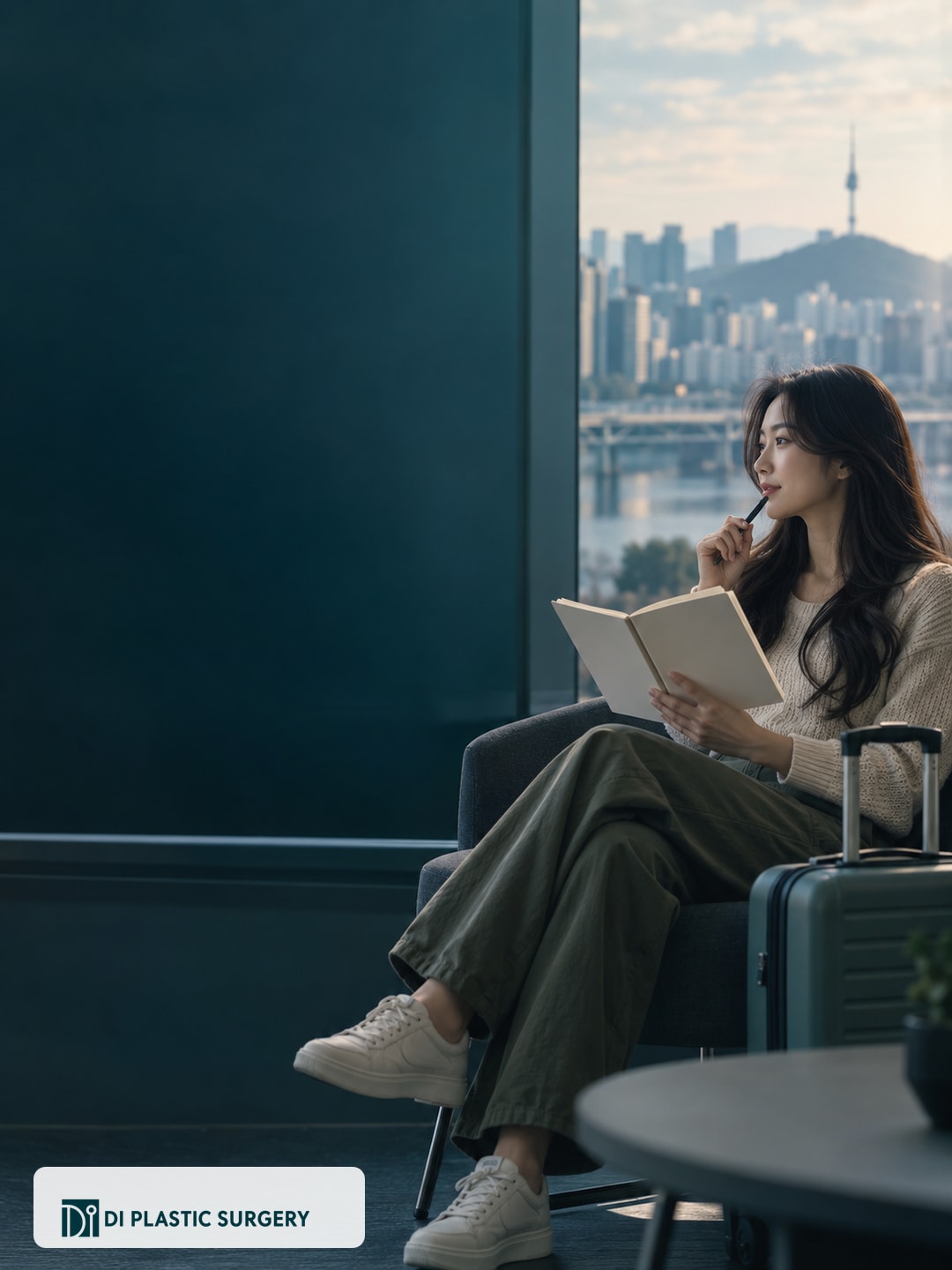 AI-generated fictional traveler studying a blank itinerary beside an illustrative Seoul skyline