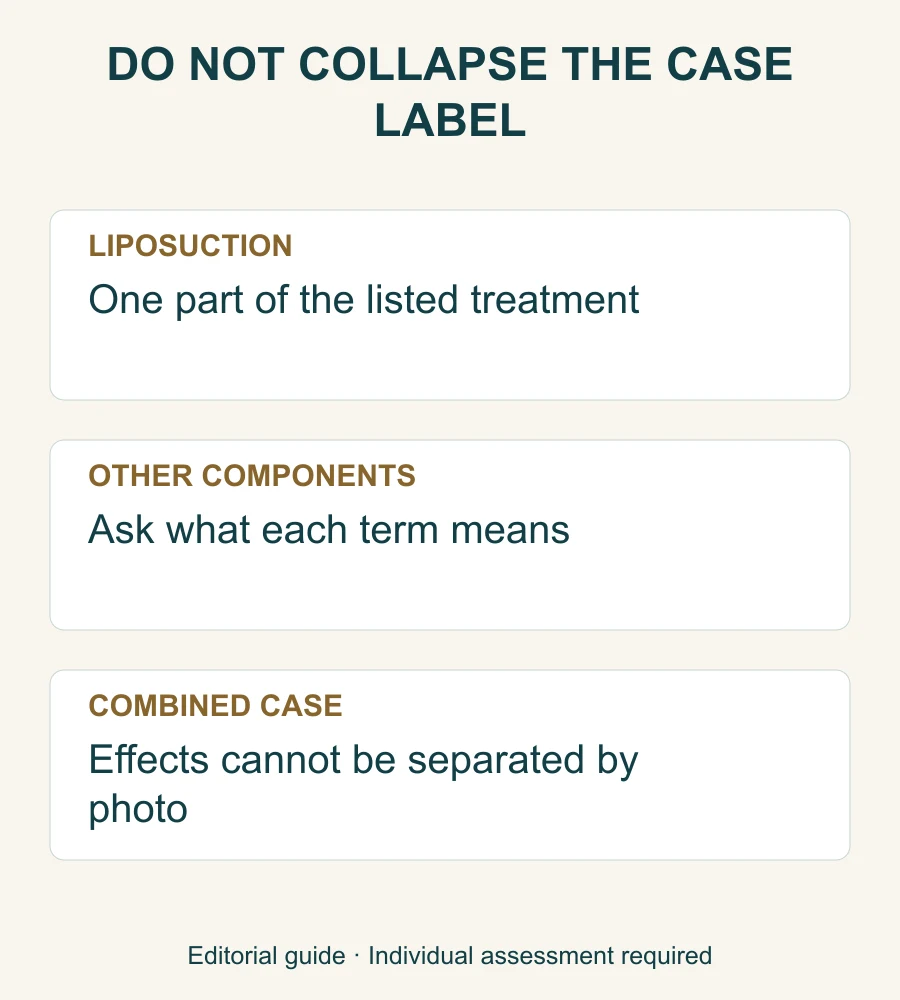 Three-part card explaining that the combined case label must not be treated as liposuction alone.