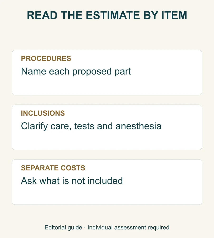 Written estimate checklist separating proposed procedures, included services and separate charges.