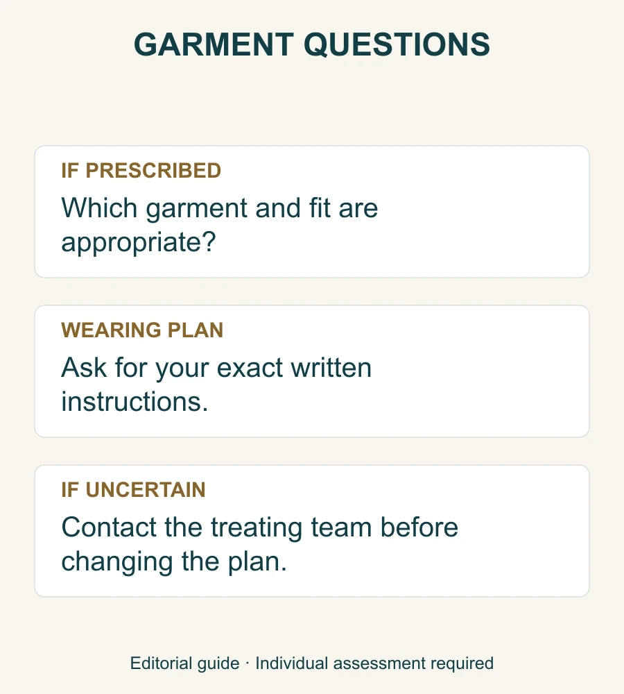 Questions about a prescribed garment: type and fit, written wearing instructions and a contact for uncertainty.