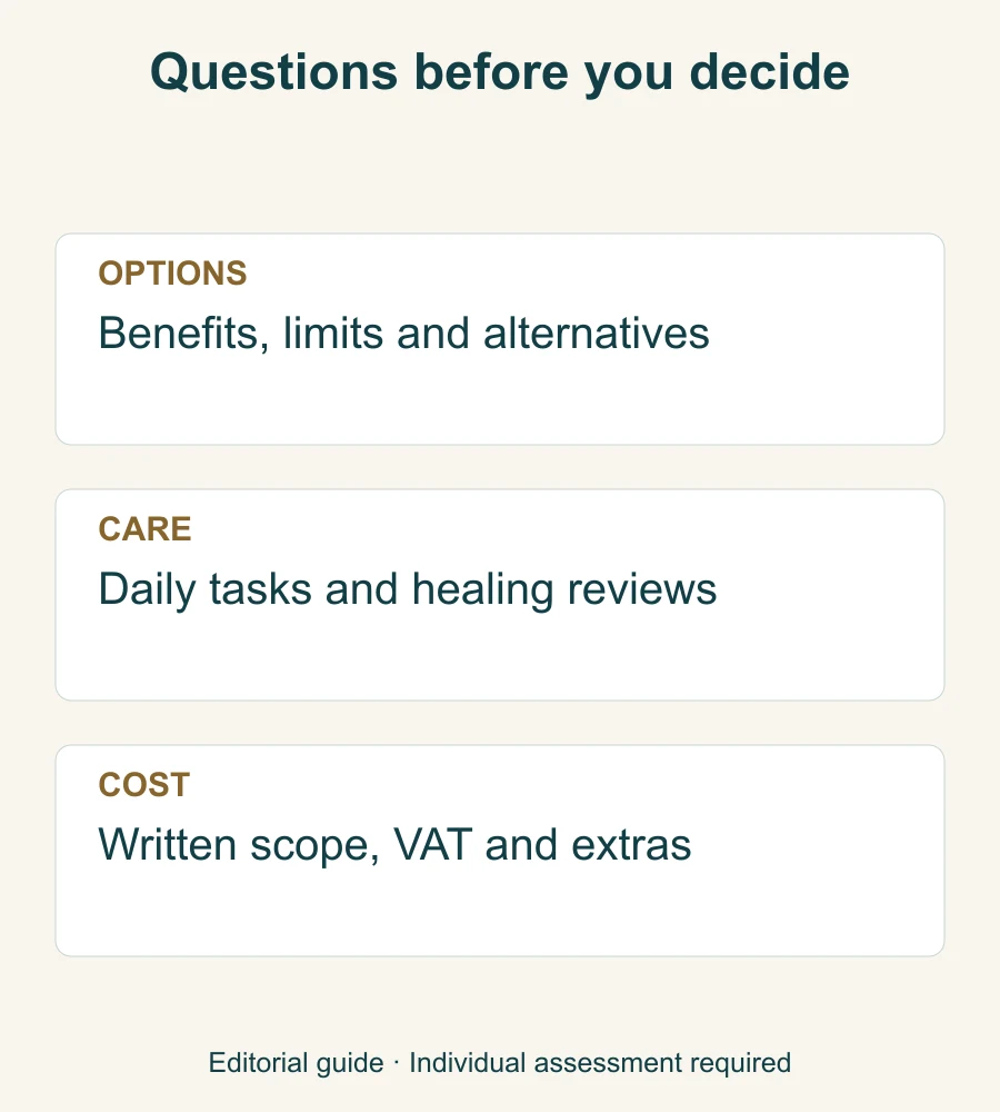 Decision checklist of alternatives, postoperative care and itemized estimate questions for an arm surgery consultation.