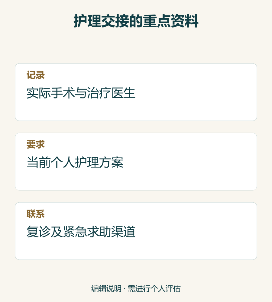 上臂手术护理交接需确认的三项信息：实际手术记录、个人护理要求及联系渠道。