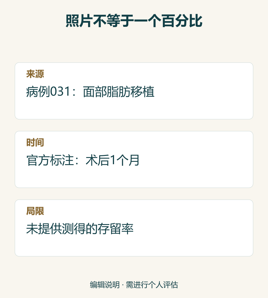 区分官方术后1个月脂肪移植照片与存留率测量的来源阅读提示卡。