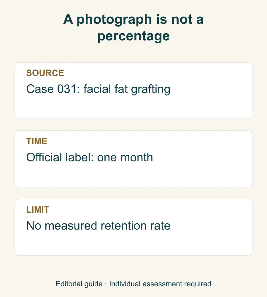 Source-reading card separating the one-month official fat-grafting image from a retention measurement.