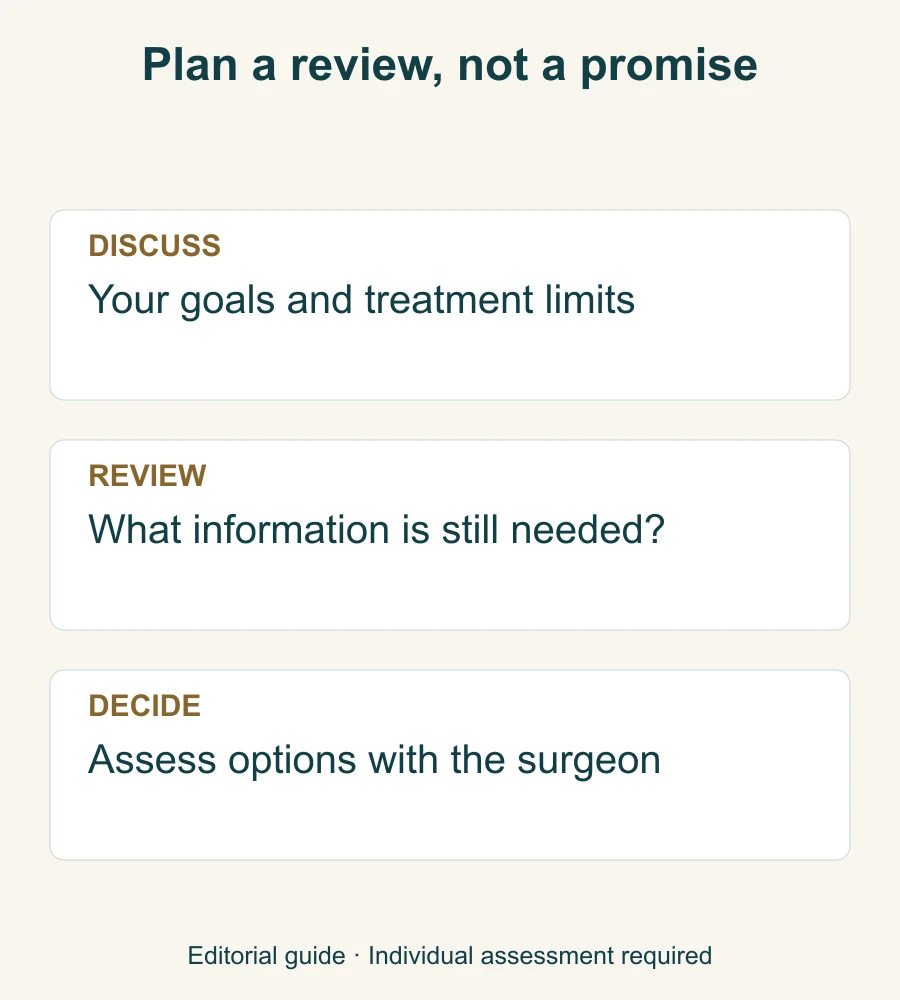Follow-up decision sequence emphasizing information, clinical review and individual discussion rather than a promised outcome.