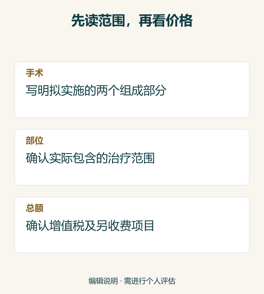 三步阅读报价提示卡：明确联合手术名称、治疗部位及个人总额。