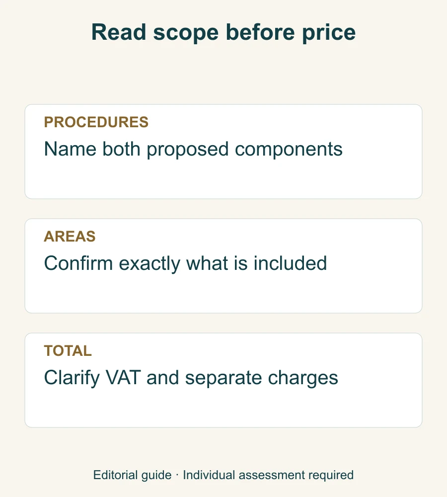 Three-step estimate-reading card: the named combined procedure, treatment areas and individual total.
