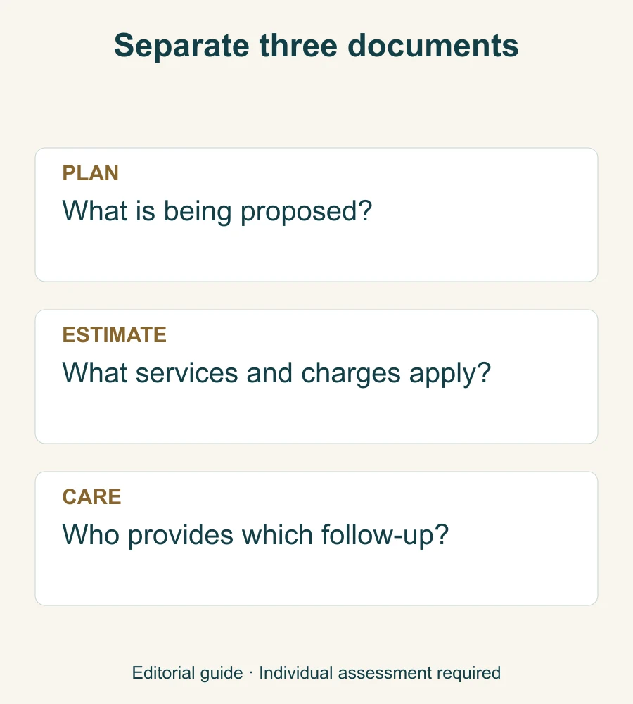 Guide separating the clinical plan, itemized estimate and follow-up instructions.