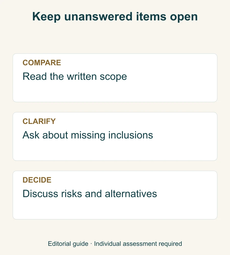 Checklist for comparing written estimates without assuming that a price guarantees treatment suitability or results.