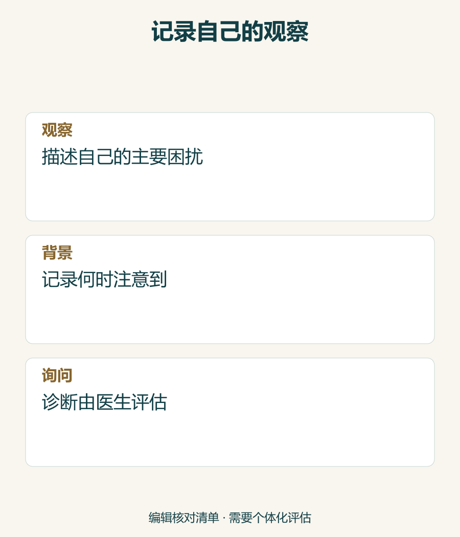 在不诊断眼睑功能的前提下，记录困扰、出现背景并准备问题的步骤。