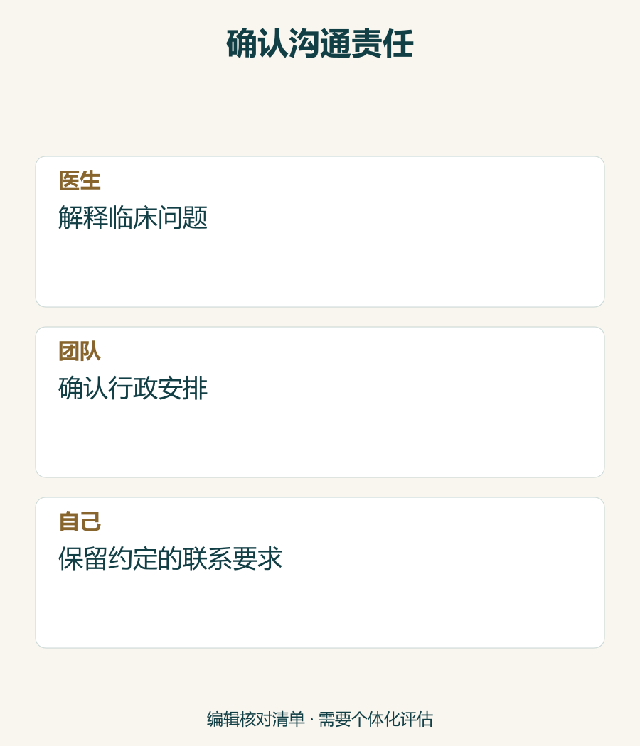 非临床责任清单，区分医生解释、行政安排与保留联系要求。