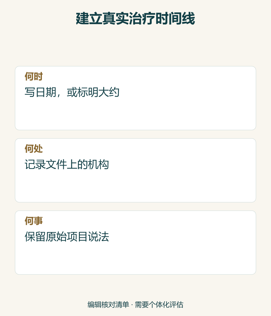 整理何时、何处及何种治疗记录的时间线,不根据照片推断注射材料。
