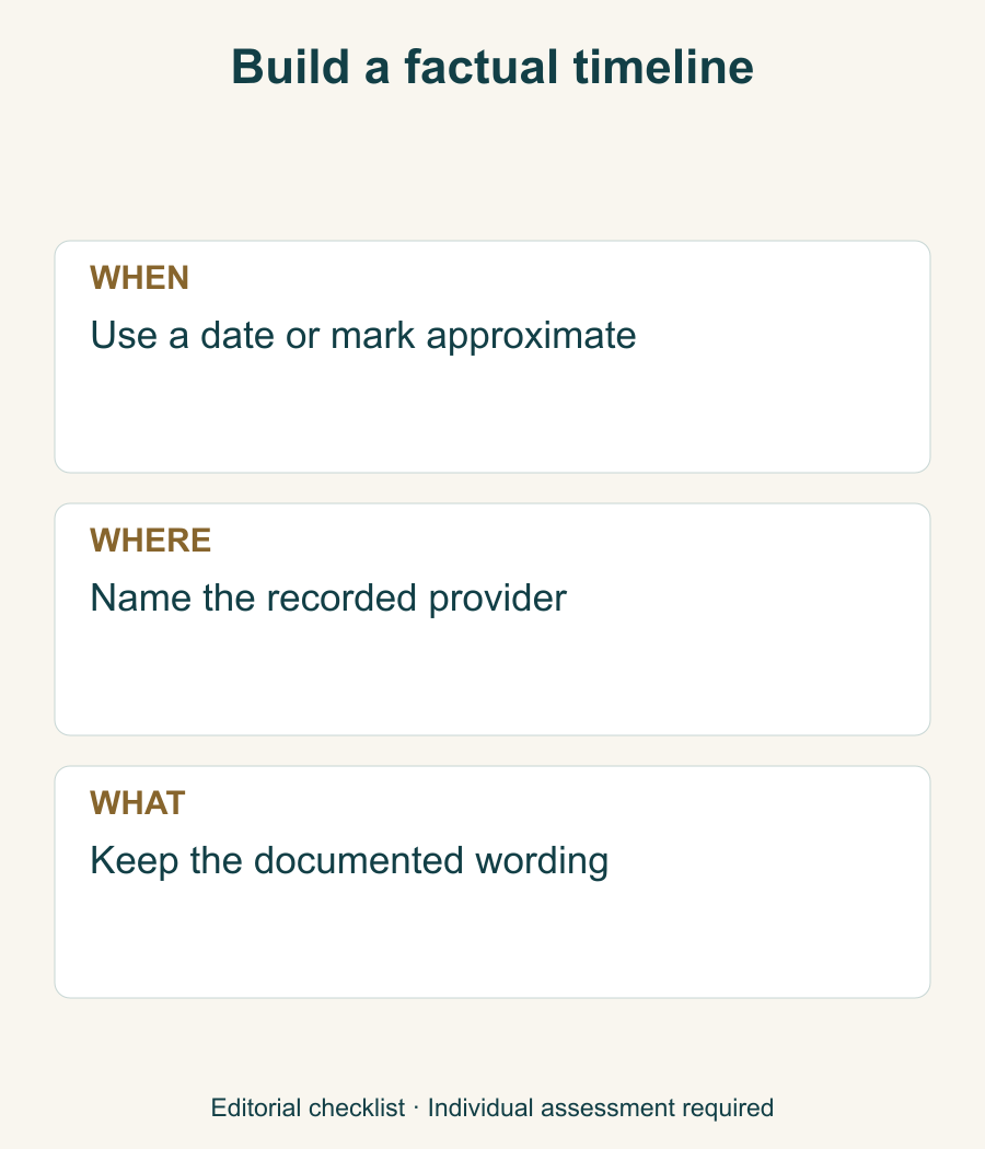 Record-preparation timeline showing when, where and what information to collect without inferring an injected material.