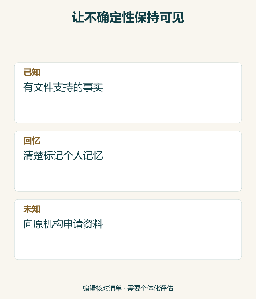 将既往面部治疗信息分为文件事实、已标记的回忆及缺失细节。