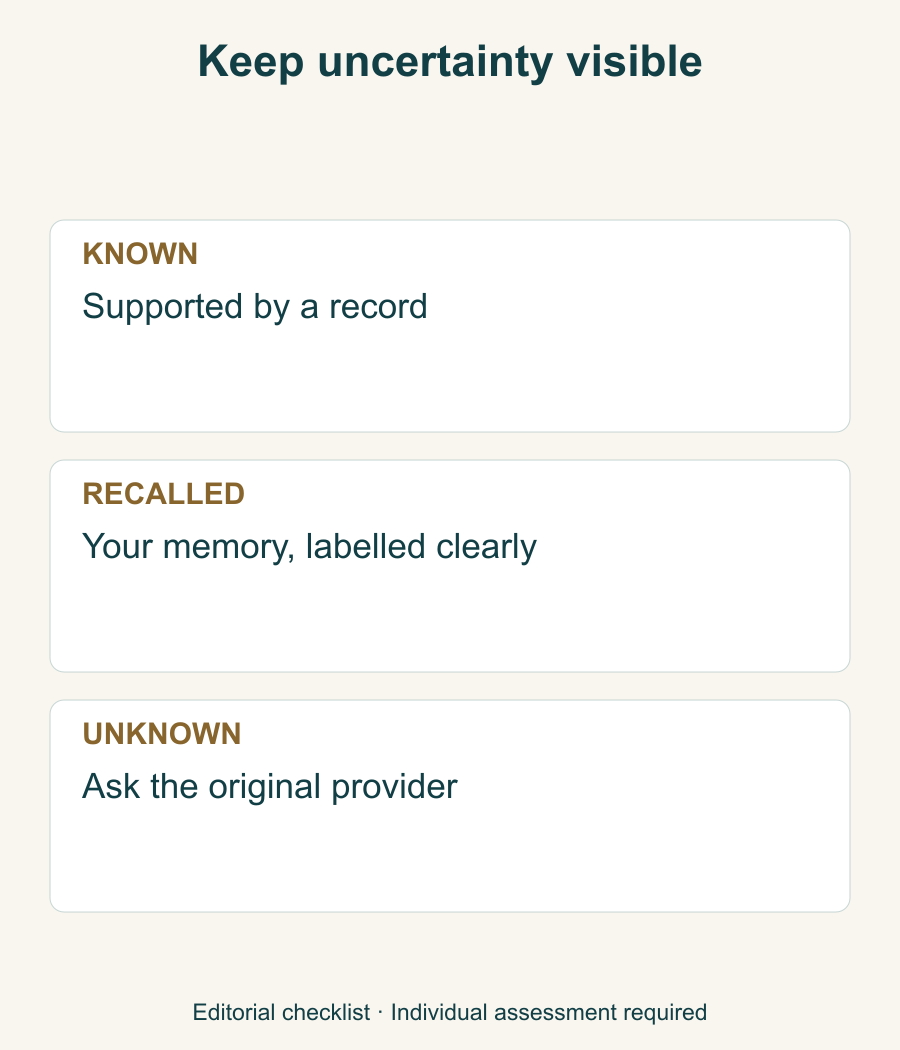 Three information categories for prior facial treatment: documented facts, labelled recollection and missing details.