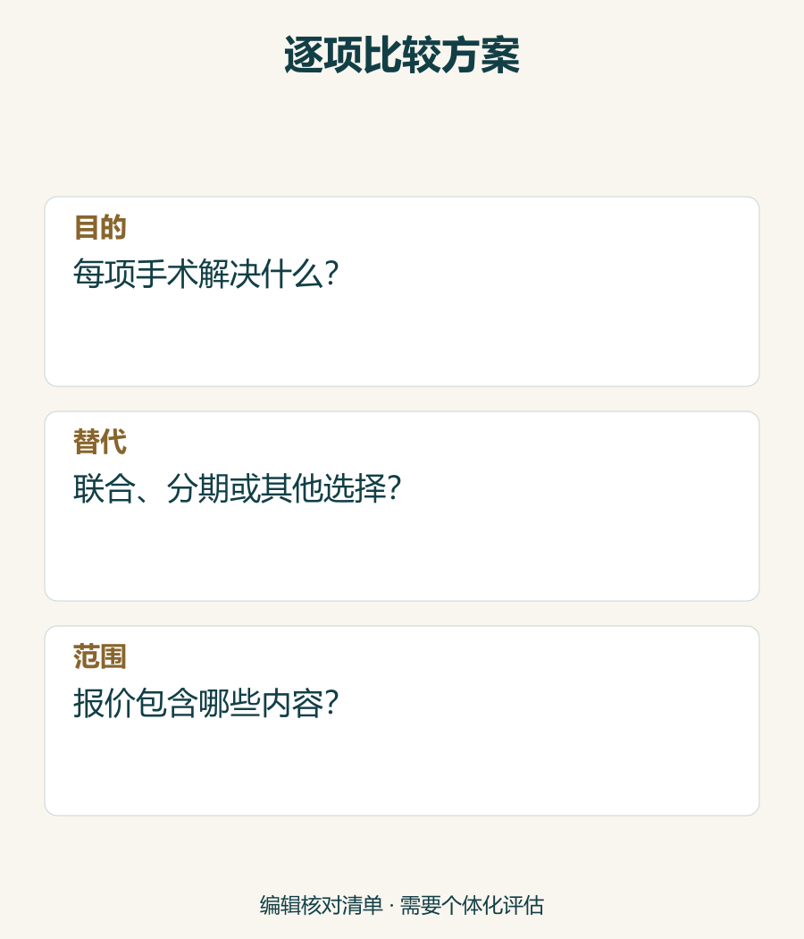 两项手术目的、替代方式及费用范围的比较清单。