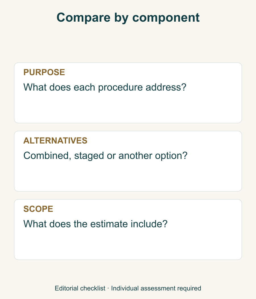Consultation comparison checklist for two procedures, alternatives and quotation scope.