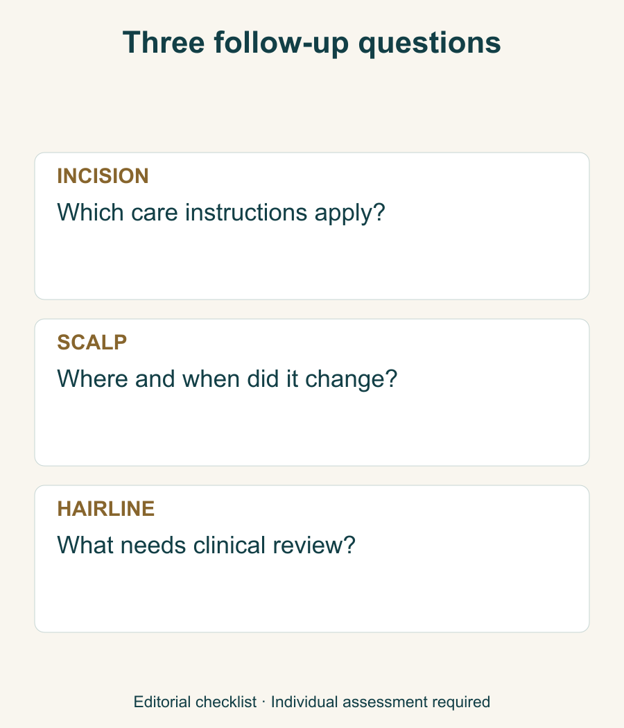 Nonclinical organizer separating incision care, scalp sensation and hairline questions.