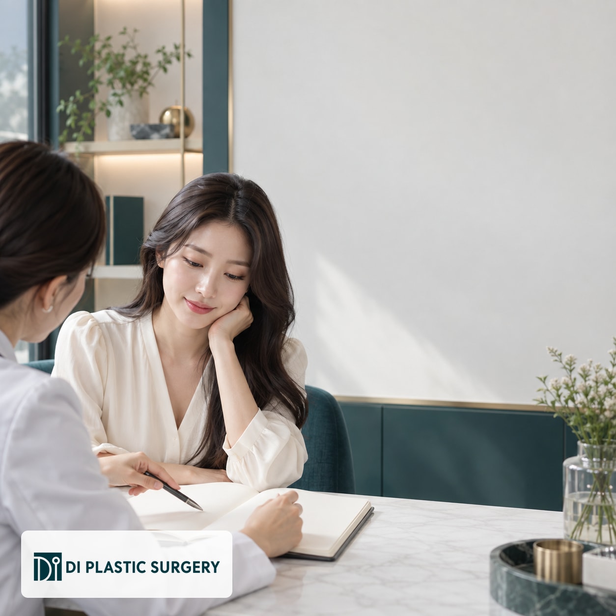 AI-generated fictional adult and clinician discussing a consultation notebook