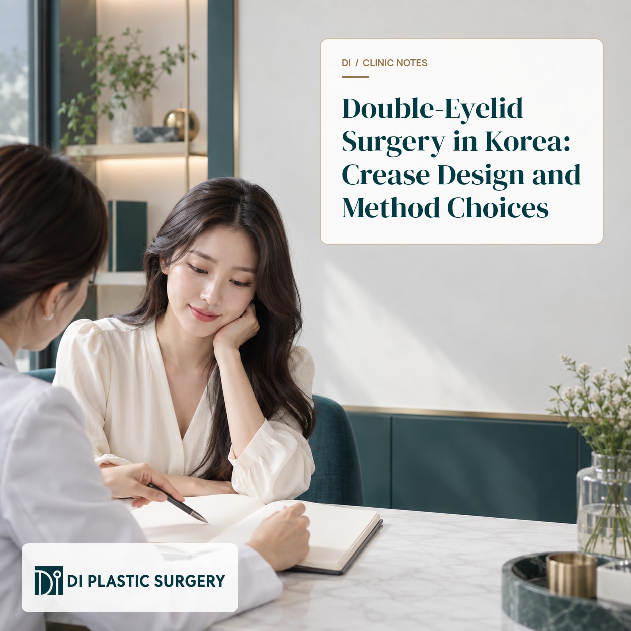 AI-generated fictional consultation with the double-eyelid crease-design and method-choice guide title
