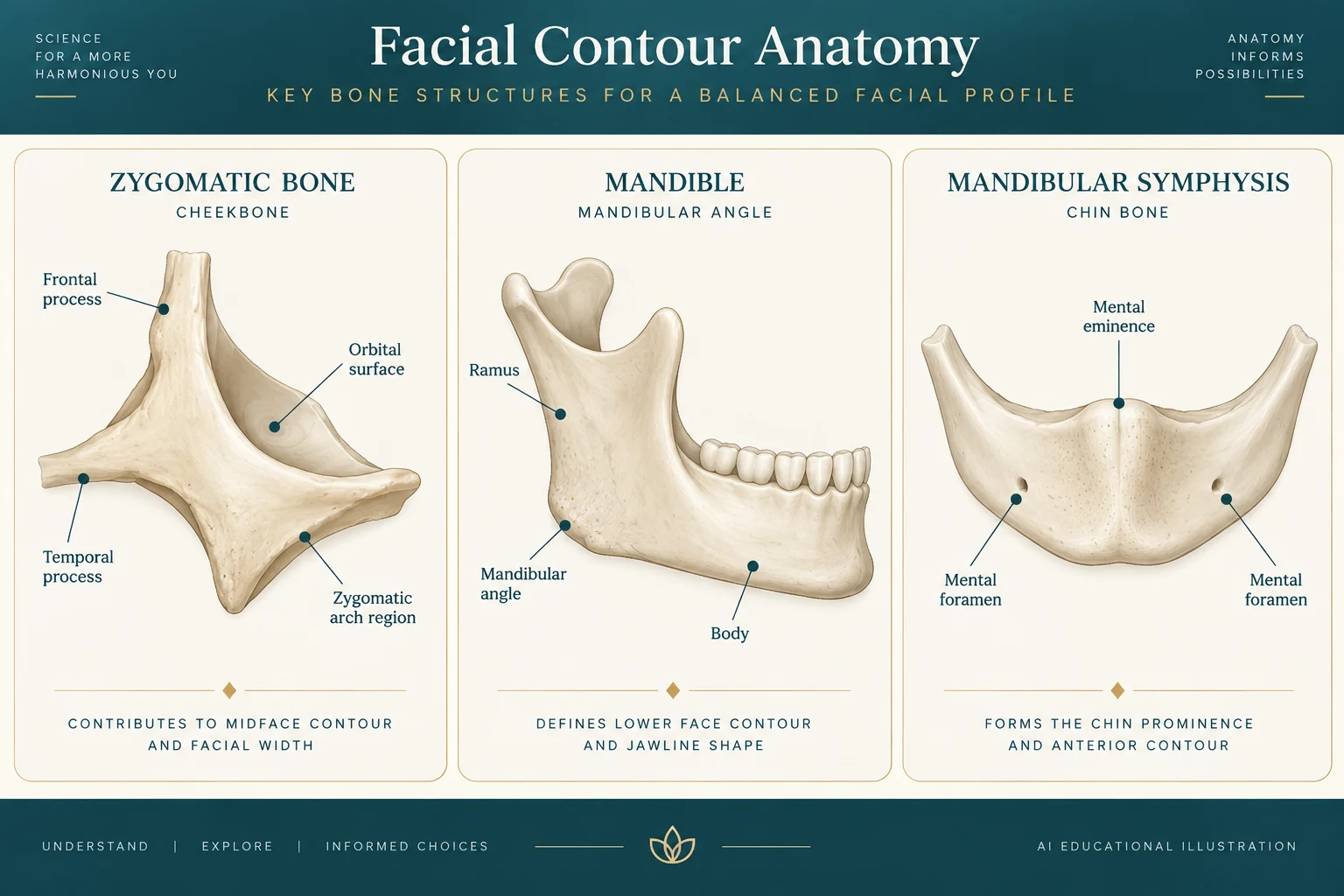 People-free educational illustration of isolated cheekbone, jaw-angle and chin bone regions