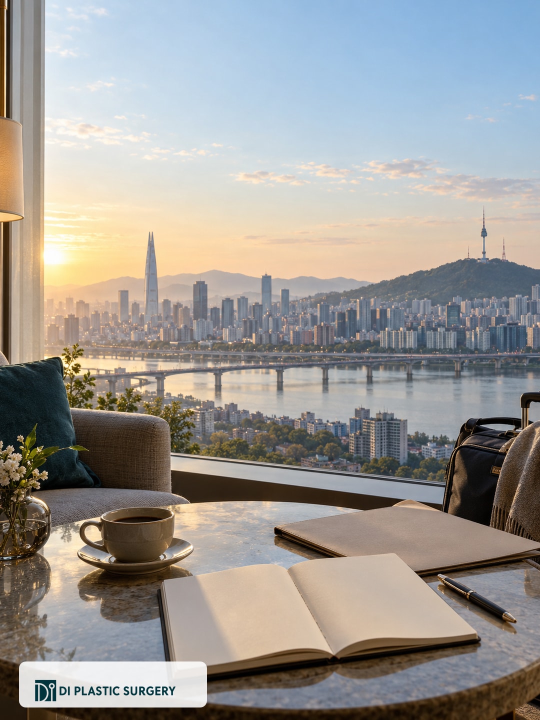 AI-generated Seoul travel-planning scene with a notebook and illustrative skyline