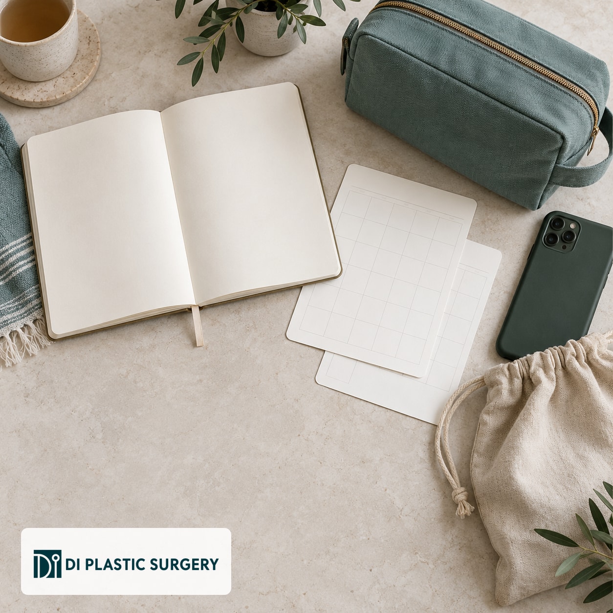 AI-generated blank notebook, travel pouch and phone for organizing consultation questions