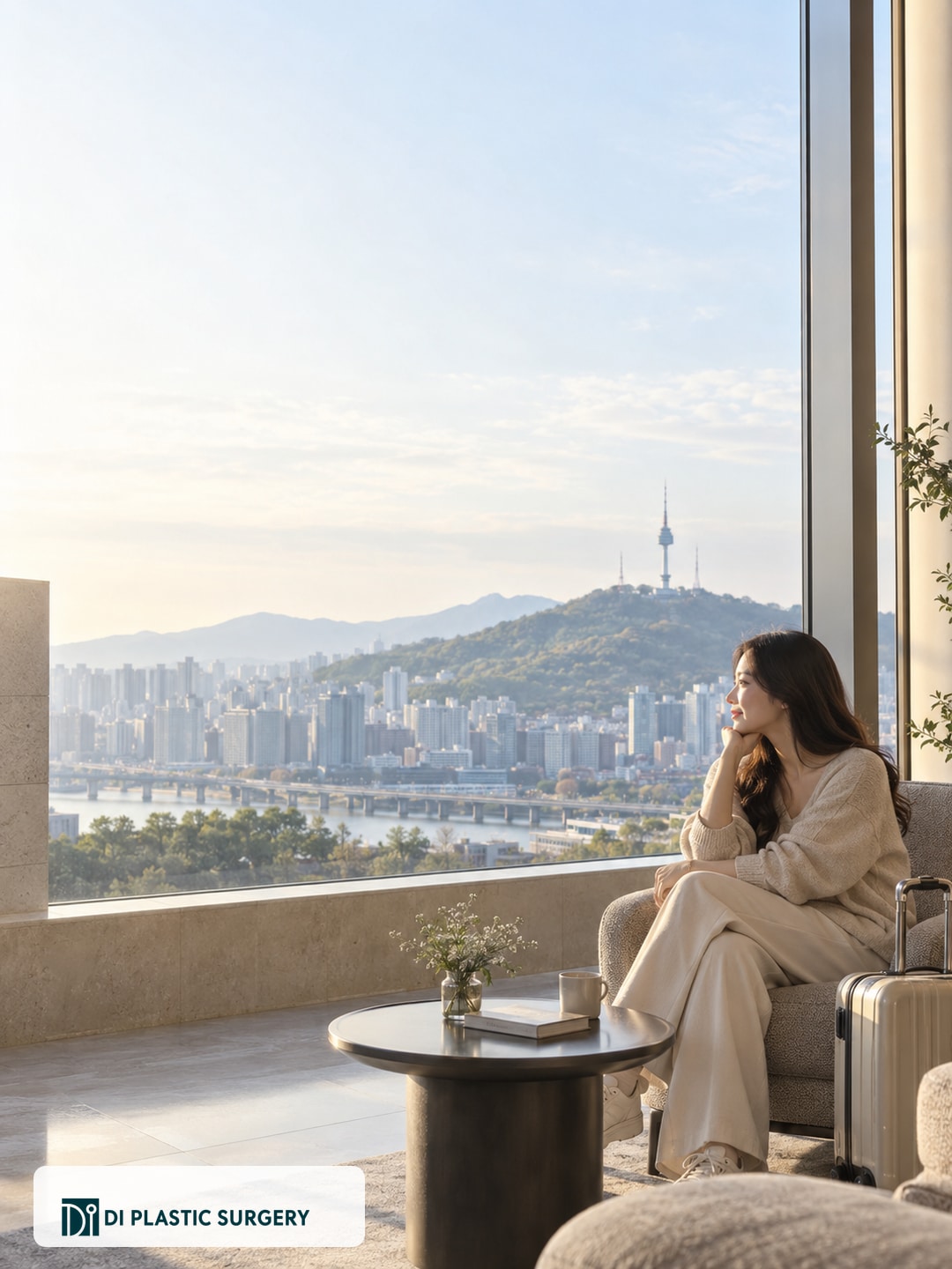 AI-generated fictional traveler planning appointments beside an illustrative Seoul city view