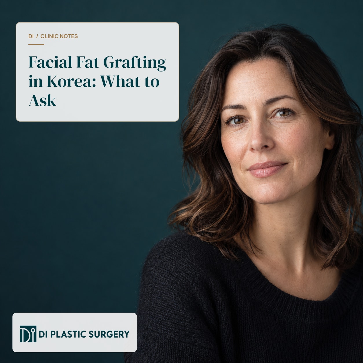 AI-generated fictional adult beside the title Facial Fat Grafting in Korea: What to Ask; not a patient or surgical result