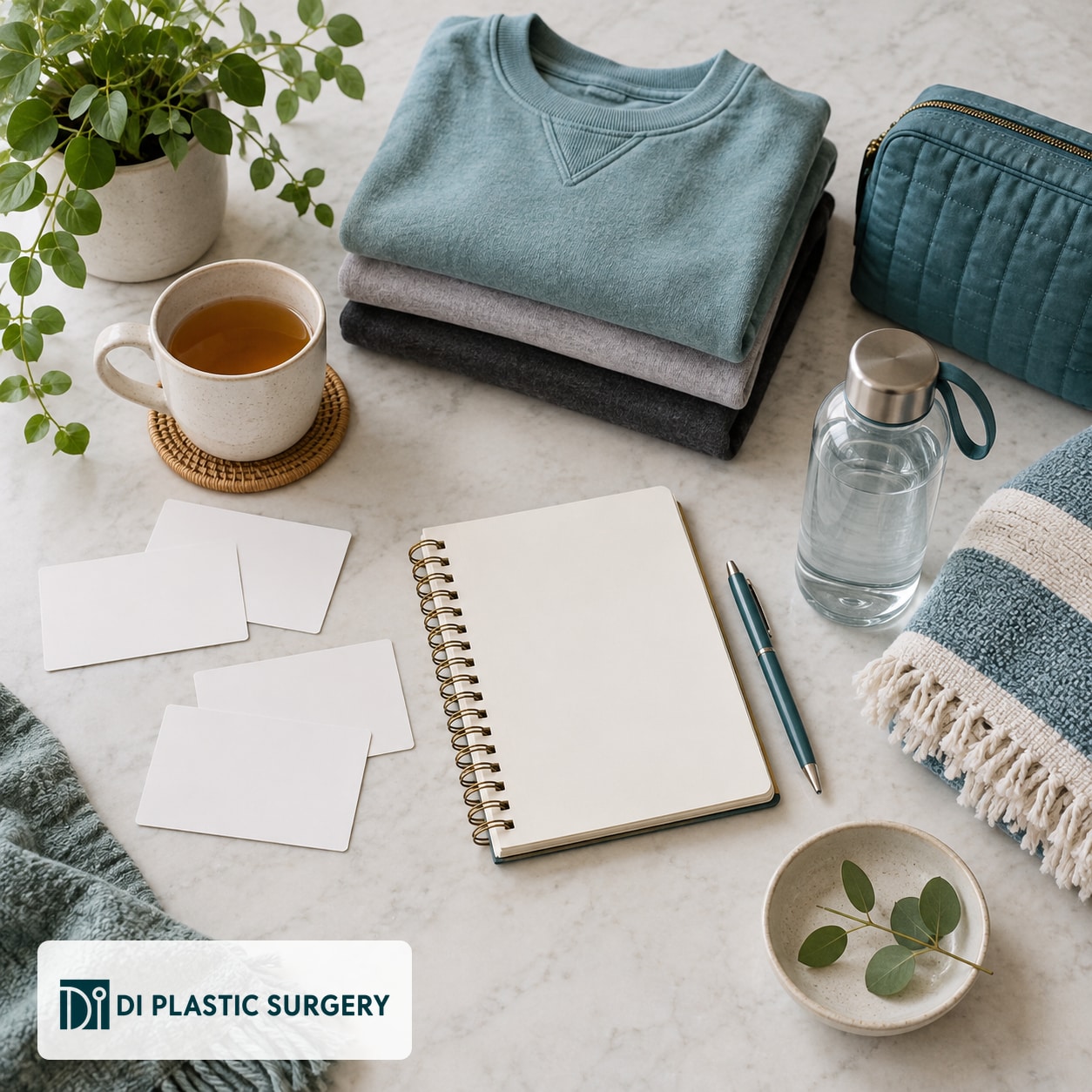 AI-generated blank consultation notebook, cards, comfortable clothing and travel pouch
