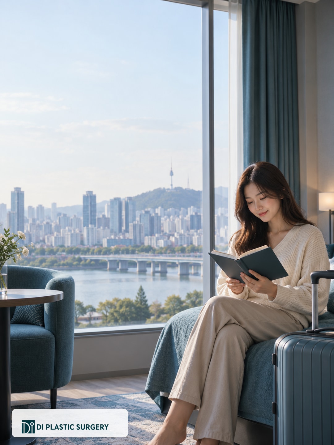 AI-generated fictional traveler with a notebook and luggage in a hotel-style room overlooking an illustrative Seoul cityscape