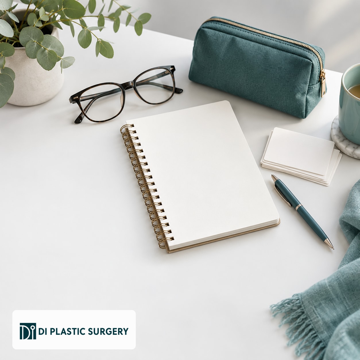 AI-generated planning desk with blank appointment cards, a notebook and reading glasses