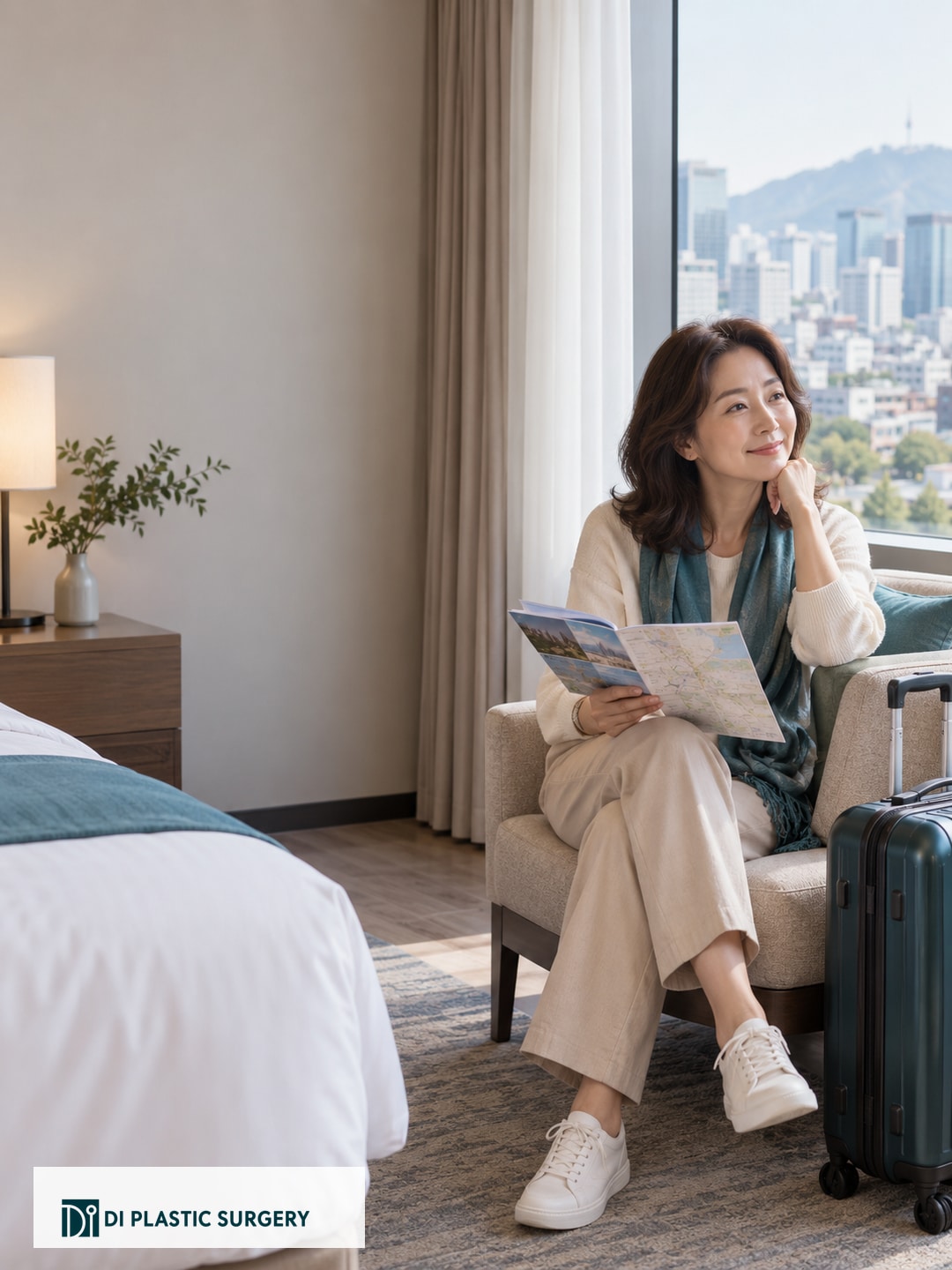 AI-generated fictional traveler in a hotel-style room overlooking an illustrative Seoul cityscape