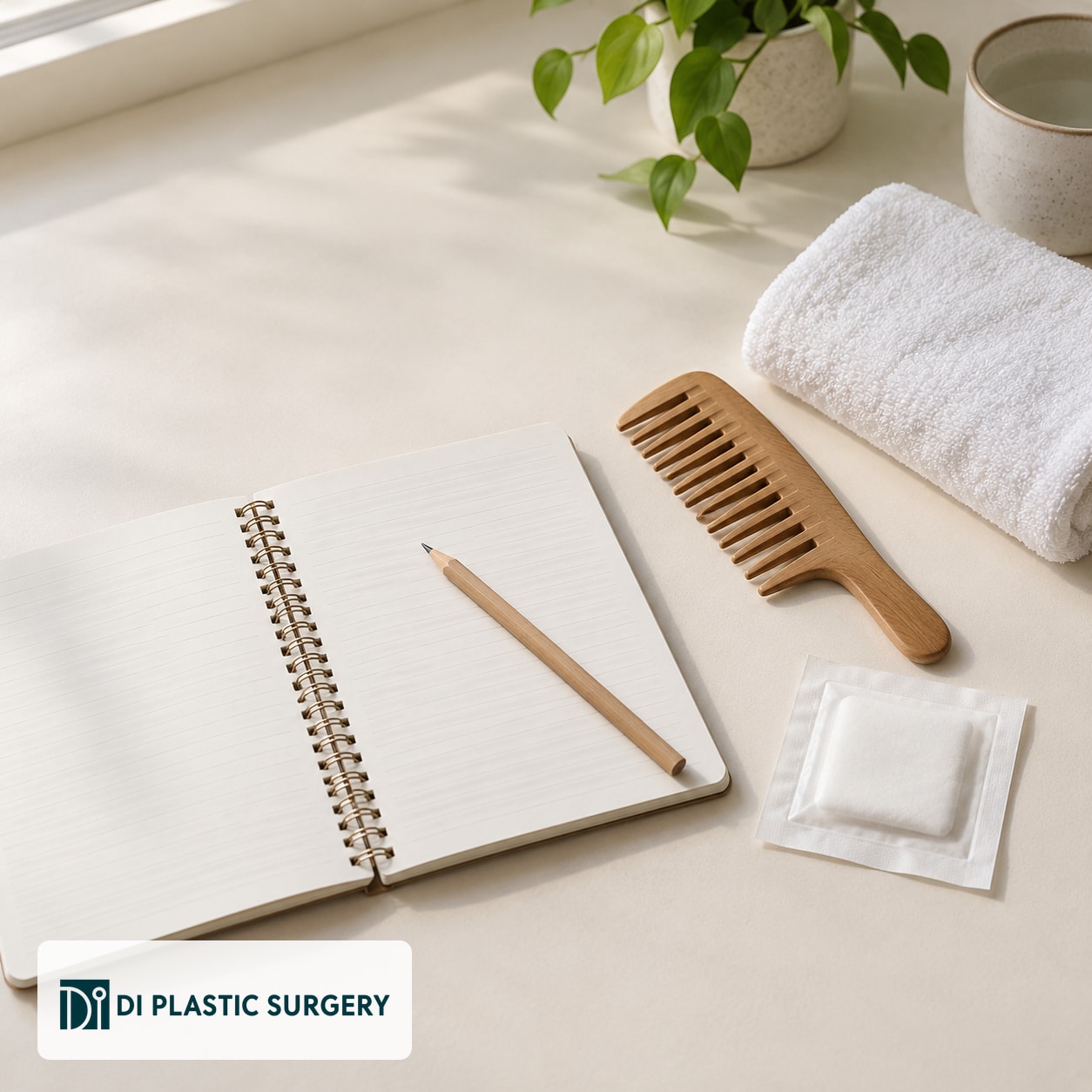 AI-generated consultation notebook and hair-care discussion props, not prescribed supplies