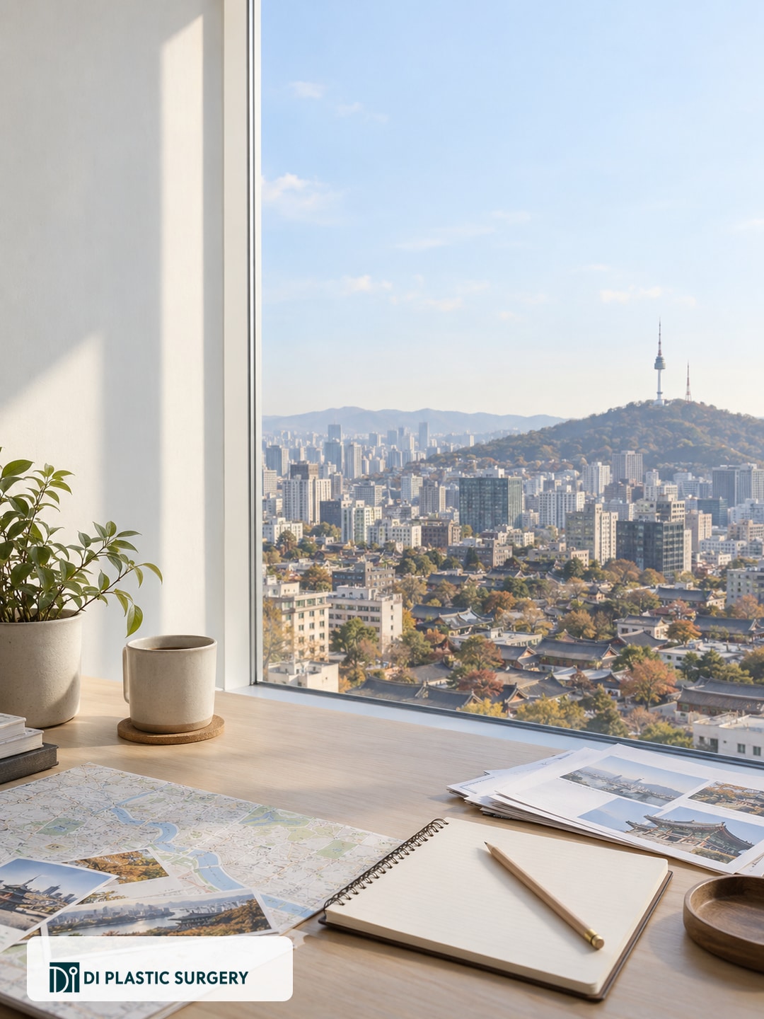 AI-generated Seoul consultation-planning interior with a blank notebook and illustrative skyline