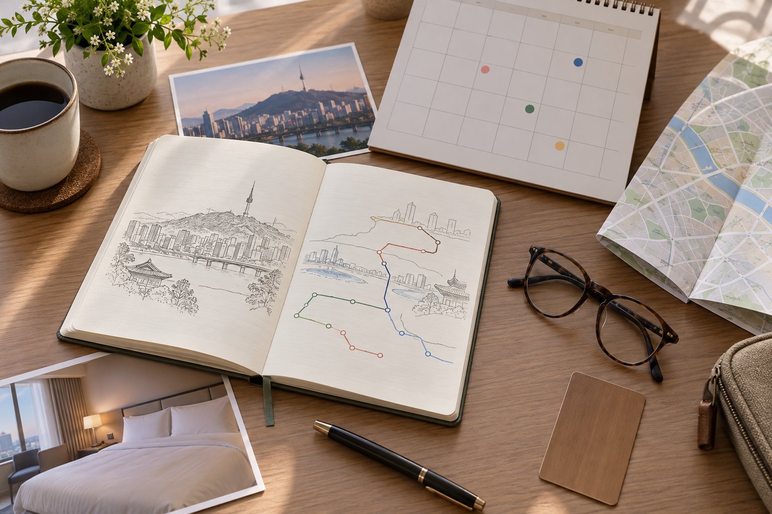 AI-generated Seoul travel notebook, accommodation photograph and flexible follow-up calendar