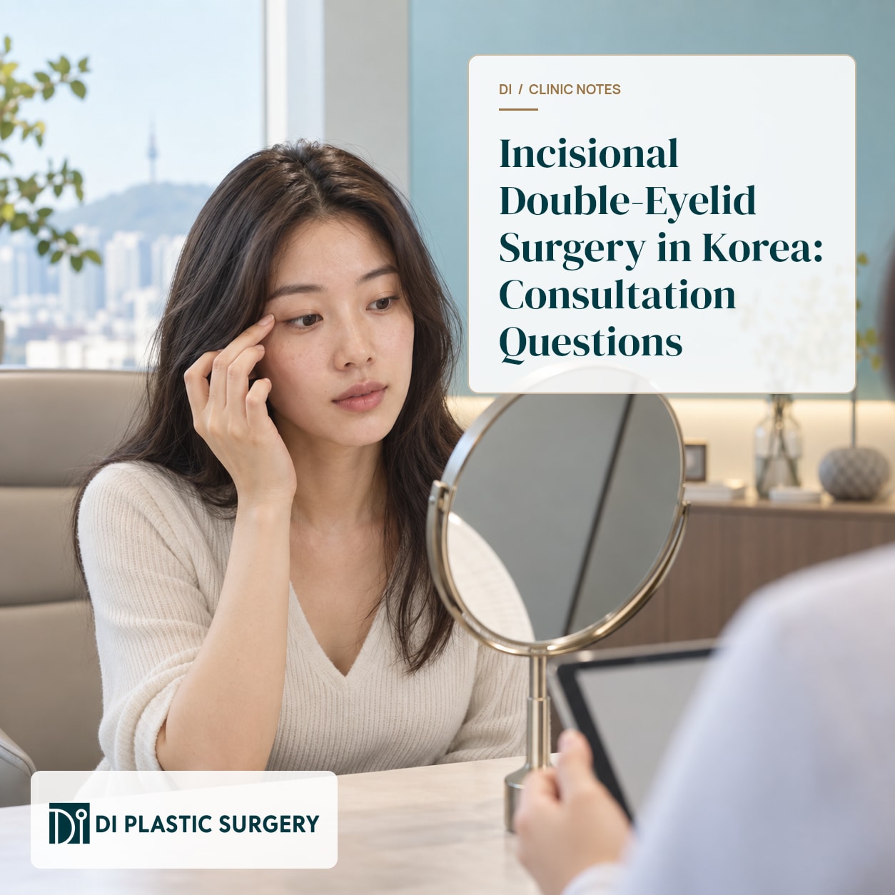 AI-generated consultation illustration with the title Incisional Double-Eyelid Surgery in Korea: Consultation Questions and the DI logo
