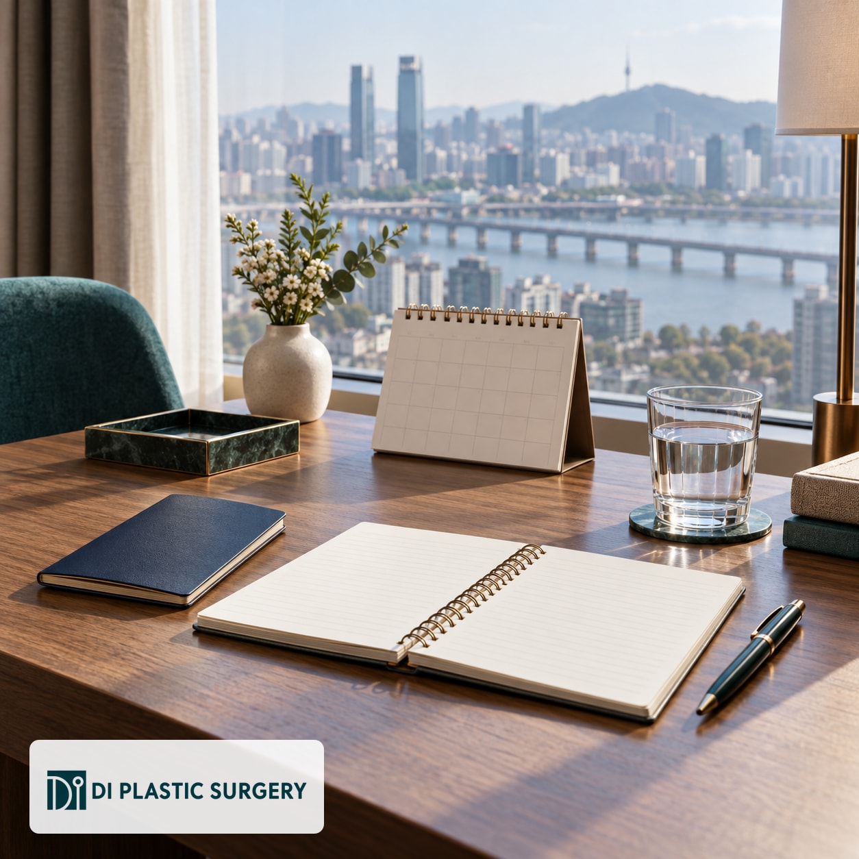 AI-generated blank travel notebook and calendar near a Seoul city window, with DI logo