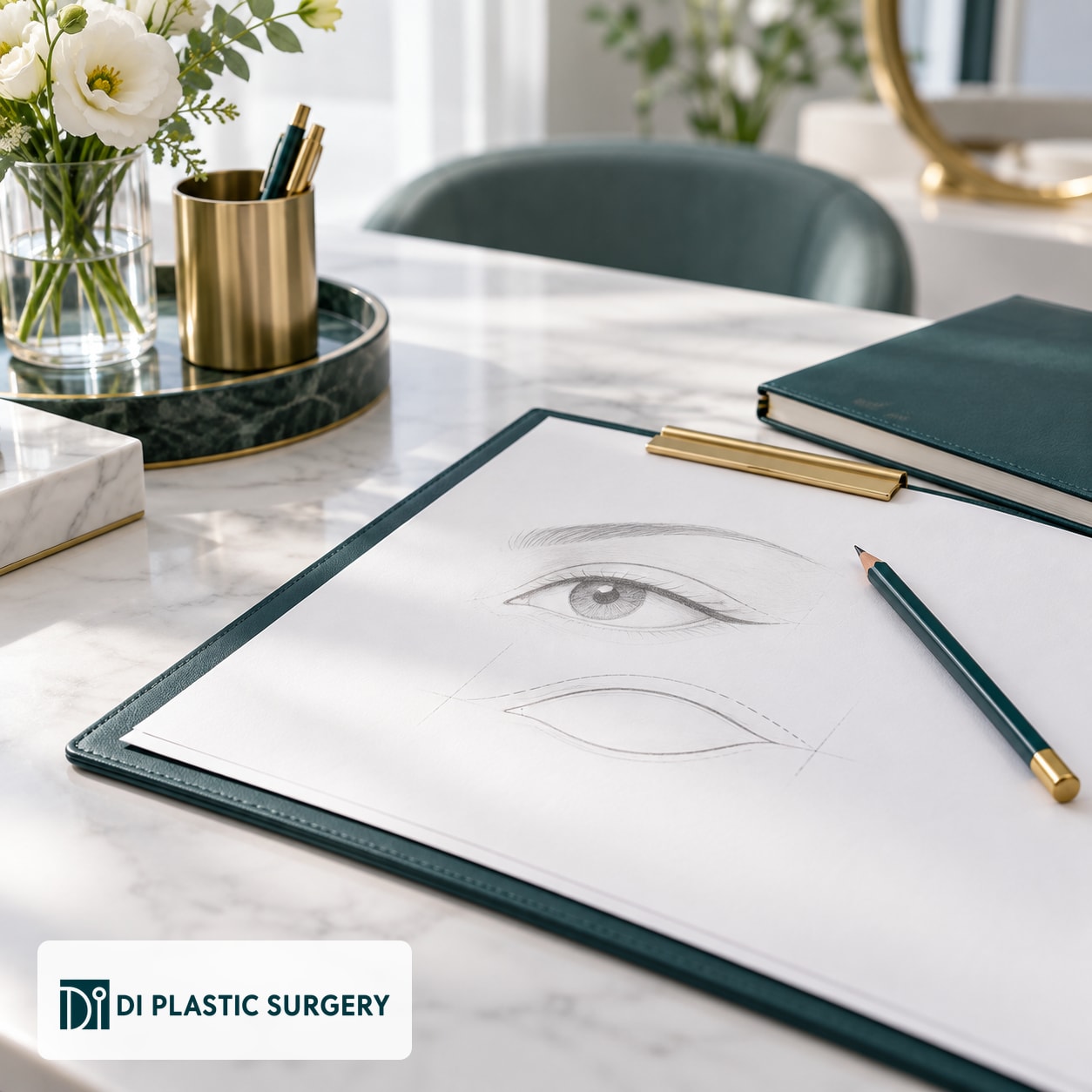 AI-generated eye consultation notes and sketch with the DI logo