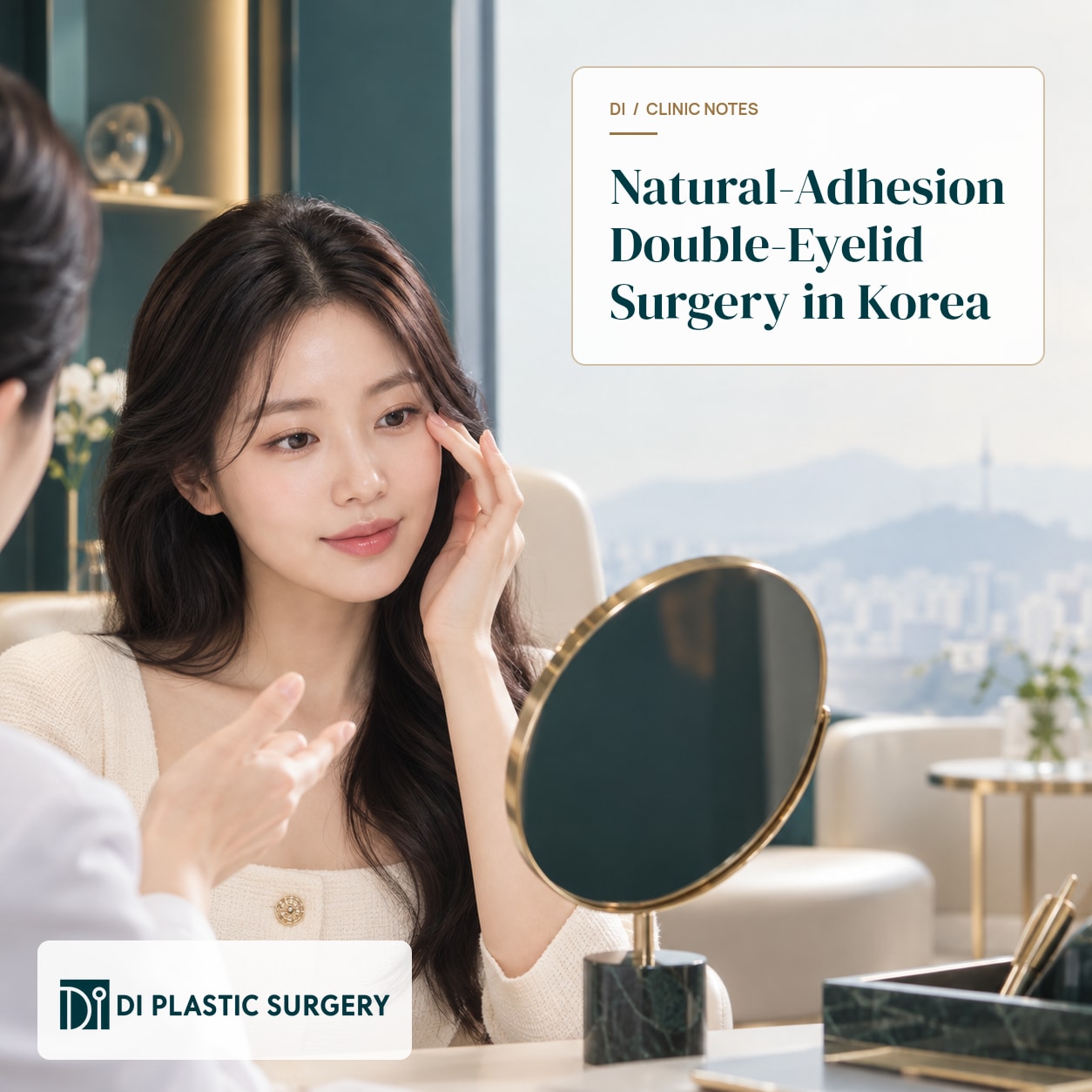AI-generated consultation illustration with the title Natural-Adhesion Double-Eyelid Surgery in Korea and DI logo