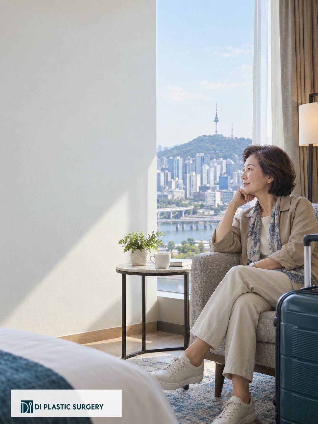 AI-generated fictional mature traveler seated by a hotel-style window overlooking a Seoul cityscape