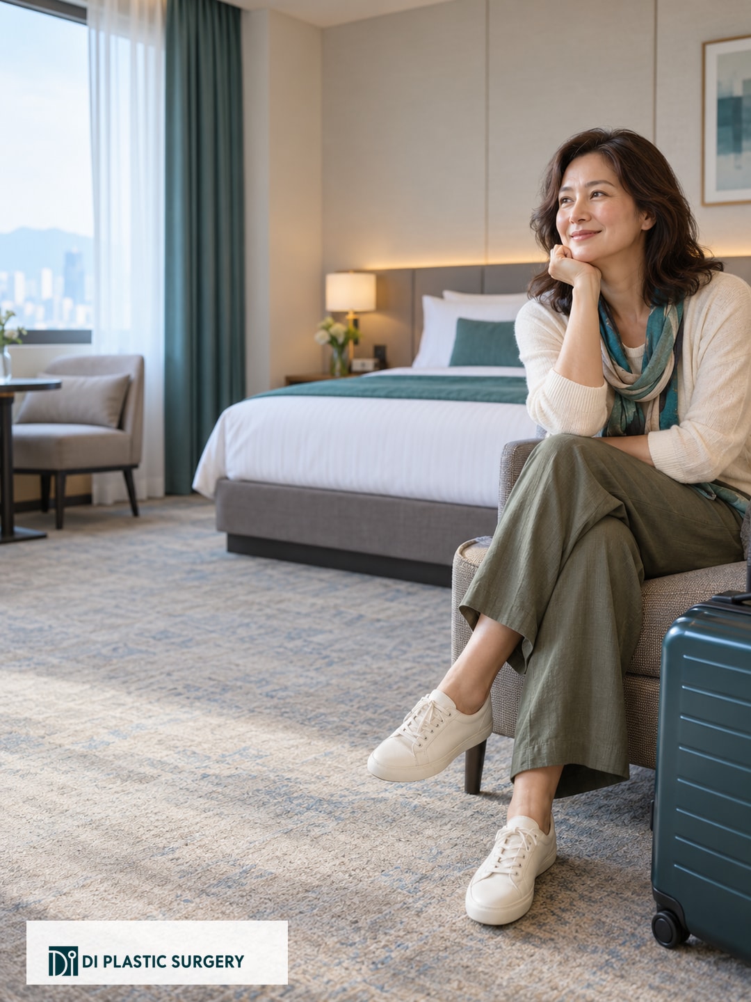 AI-generated fictional traveler seated in a hotel-style room beside a suitcase and illustrative Seoul cityscape