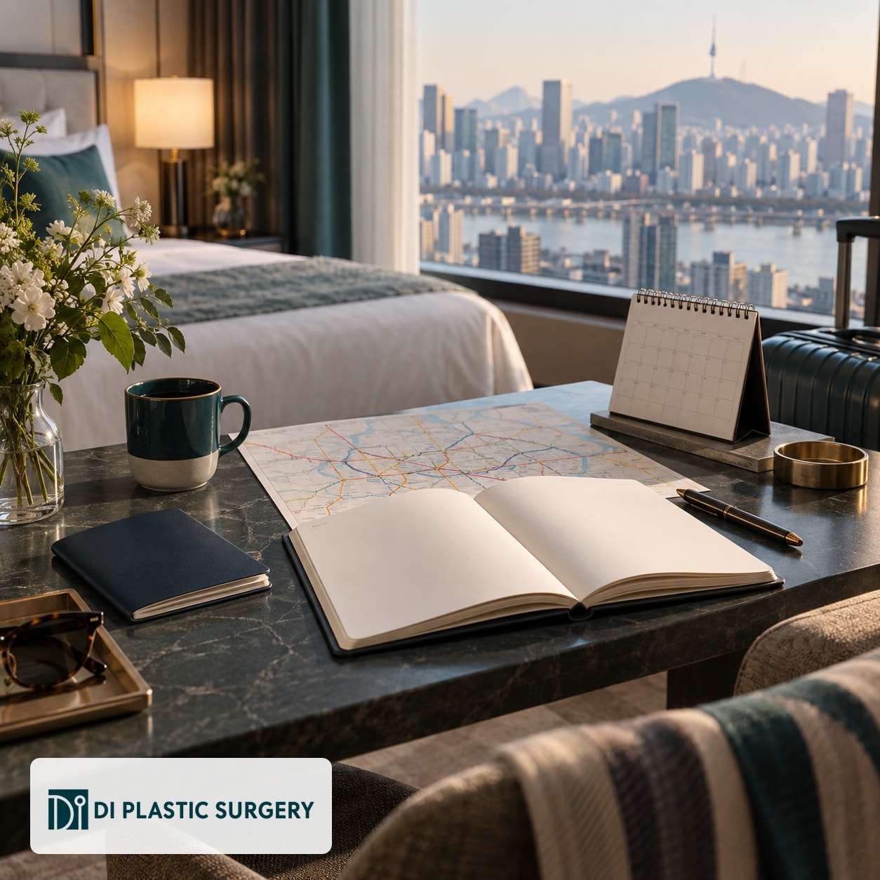 AI-generated Seoul travel planning desk with blank notebook, map and calendar, with DI logo