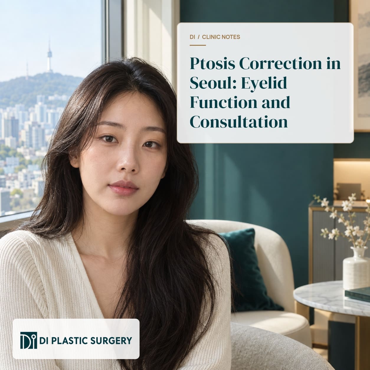 AI-generated portrait with the title Ptosis Correction in Seoul: Eyelid Function and Consultation and the DI logo