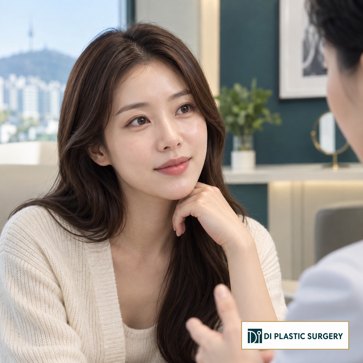 Fictional patient discussing eyelid concerns during a consultation, with the DI logo